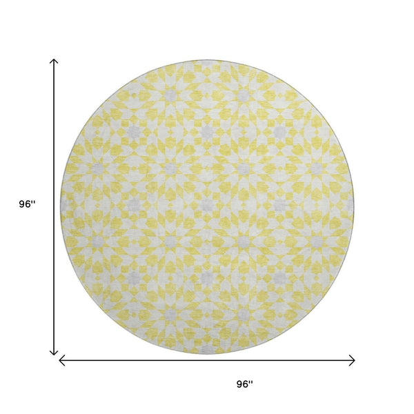 HomeRoots 8' Washable Round Rug in Yellow, Ivory & Gray - Stylish Geometric Design with UV Protection & Stain Resistance 662070