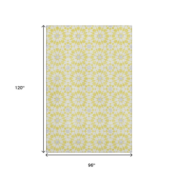 HomeRoots 8' X 10' Stylish Geometric Washable Area Rug in Yellow, Ivory & Gray – UV Protected for Longevity! 662071