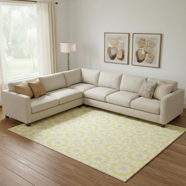 HomeRoots 8' X 10' Stylish Geometric Washable Area Rug in Yellow, Ivory & Gray – UV Protected for Longevity! 662071