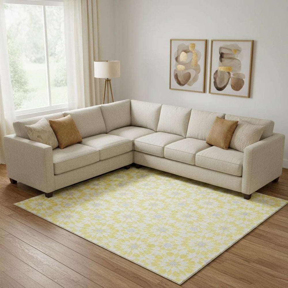 HomeRoots 9' X 12' Washable Geometric Area Rug in Yellow, Ivory & Gray - Durable, Stain Resistant & UV Protected! 662072