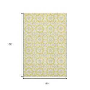 HomeRoots 10' X 14' Yellow Ivory Gray Geometric Washable Area Rug with UV Protection - Stylish & Durable Decor 662073