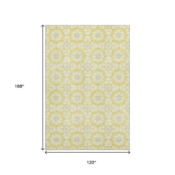 HomeRoots 10' X 14' Yellow Ivory Gray Geometric Washable Area Rug with UV Protection - Stylish & Durable Decor 662073