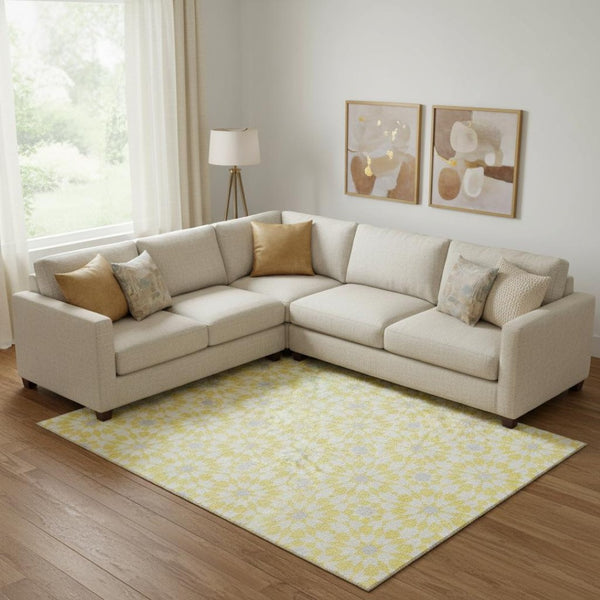 HomeRoots 10' X 14' Yellow Ivory Gray Geometric Washable Area Rug with UV Protection - Stylish & Durable Decor 662073