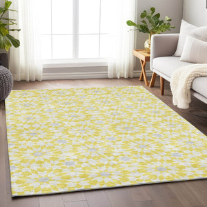 HomeRoots 10' X 14' Yellow Ivory Gray Geometric Washable Area Rug with UV Protection - Stylish & Durable Decor 662073