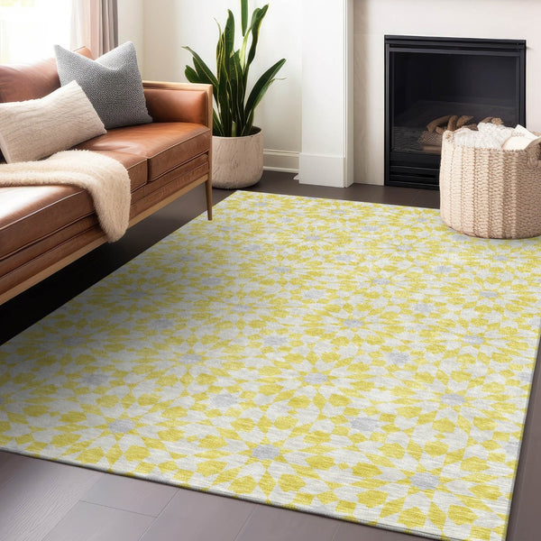 HomeRoots 10' X 14' Yellow Ivory Gray Geometric Washable Area Rug with UV Protection - Stylish & Durable Decor 662073