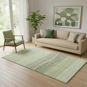 HomeRoots 5' Artichoke Green & Taupe Striped Washable Area Rug - Durable, UV-Protected for Every Space 662075