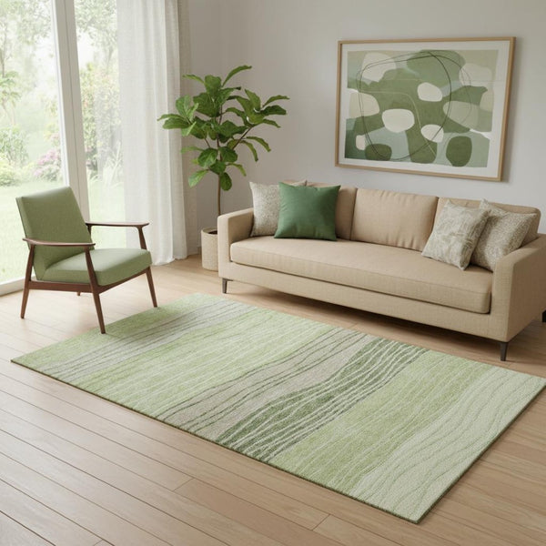 HomeRoots 5' Artichoke Green & Taupe Striped Washable Area Rug - Durable, UV-Protected for Every Space 662075