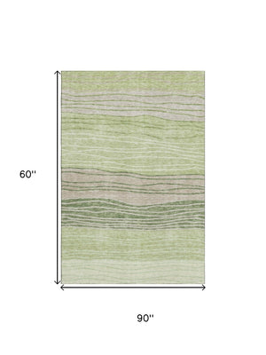 HomeRoots 5' Artichoke Green & Taupe Striped Washable Area Rug - Durable, UV-Protected for Every Space 662075