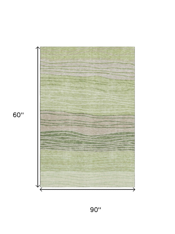 HomeRoots 5' Artichoke Green & Taupe Striped Washable Area Rug - Durable, UV-Protected for Every Space 662075