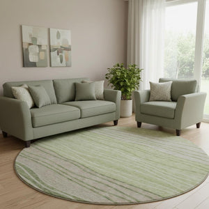 HomeRoots 8' Stylish Artichoke Green & Taupe Striped Washable Round Rug with UV Protection for High Traffic Areas 662076