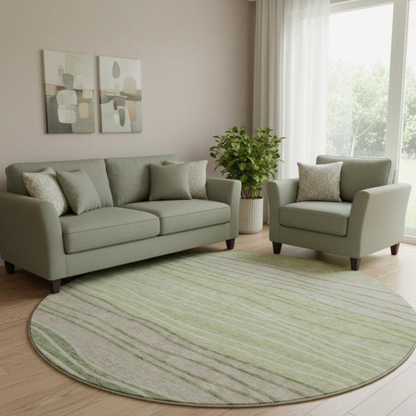 HomeRoots 8' Stylish Artichoke Green & Taupe Striped Washable Round Rug with UV Protection for High Traffic Areas 662076