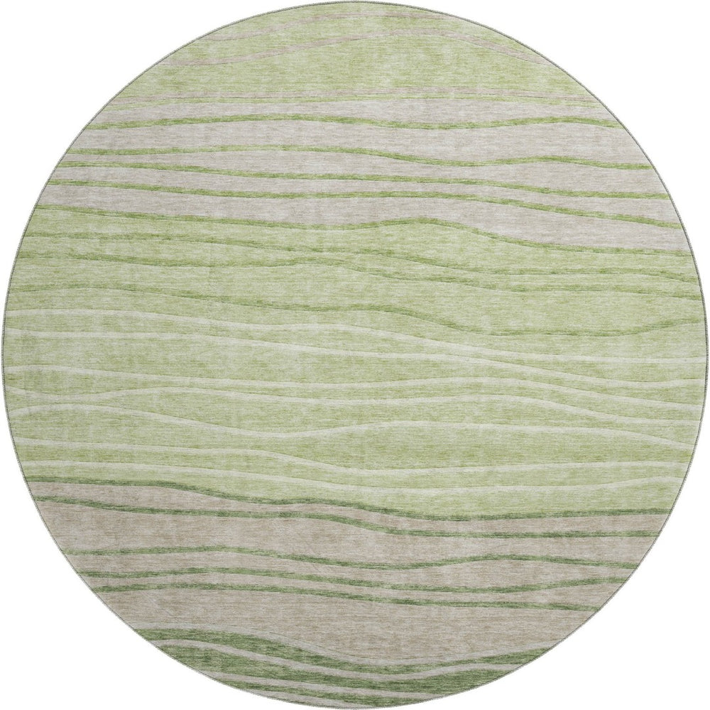 HomeRoots 8' Stylish Artichoke Green & Taupe Striped Washable Round Rug with UV Protection for High Traffic Areas 662076