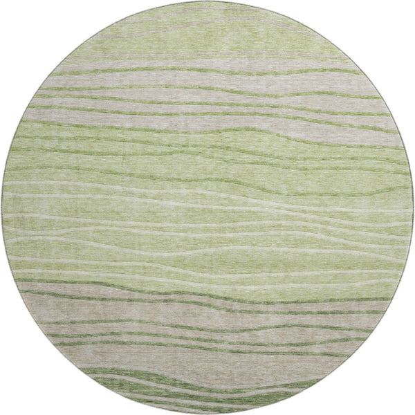 HomeRoots 8' Stylish Artichoke Green & Taupe Striped Washable Round Rug with UV Protection for High Traffic Areas 662076