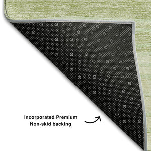 HomeRoots 8' Stylish Artichoke Green & Taupe Striped Washable Round Rug with UV Protection for High Traffic Areas 662076