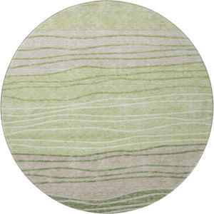 HomeRoots 8' Stylish Artichoke Green & Taupe Striped Washable Round Rug with UV Protection for High Traffic Areas 662076
