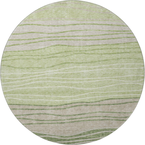 HomeRoots 8' Stylish Artichoke Green & Taupe Striped Washable Round Rug with UV Protection for High Traffic Areas 662076