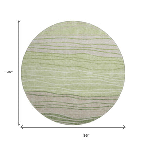 HomeRoots 8' Stylish Artichoke Green & Taupe Striped Washable Round Rug with UV Protection for High Traffic Areas 662076