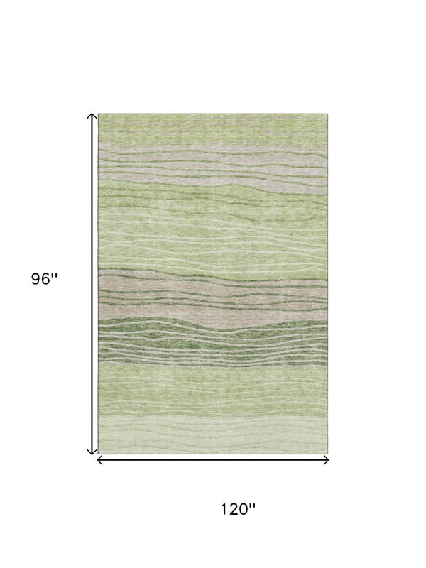 HomeRoots 8' X 10' Artichoke Green & Taupe Striped Washable Area Rug with UV Protection for High-Traffic Rooms 662077