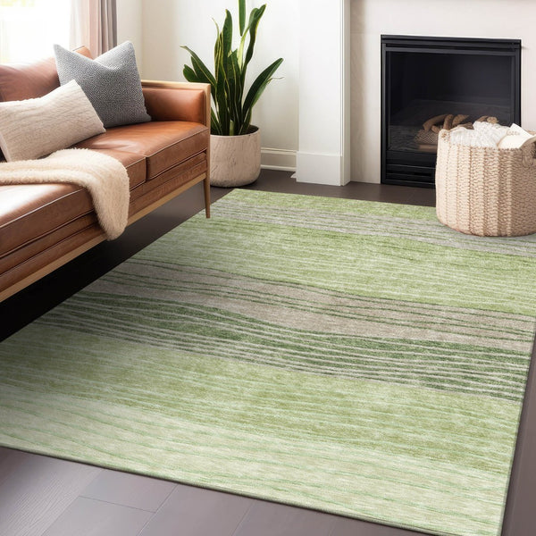 HomeRoots 8' X 10' Artichoke Green & Taupe Striped Washable Area Rug with UV Protection for High-Traffic Rooms 662077