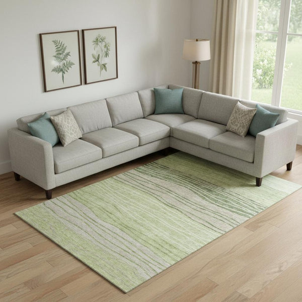 HomeRoots 9' X 12' Durable Artichoke Green & Taupe Striped Washable Area Rug with UV Defense & Style 662078