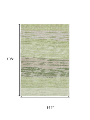 HomeRoots 9' X 12' Durable Artichoke Green & Taupe Striped Washable Area Rug with UV Defense & Style 662078