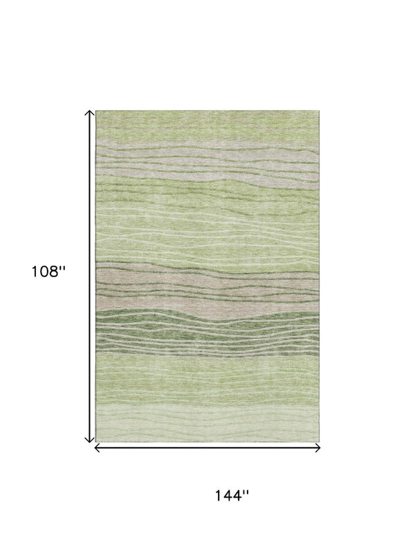 HomeRoots 9' X 12' Durable Artichoke Green & Taupe Striped Washable Area Rug with UV Defense & Style 662078