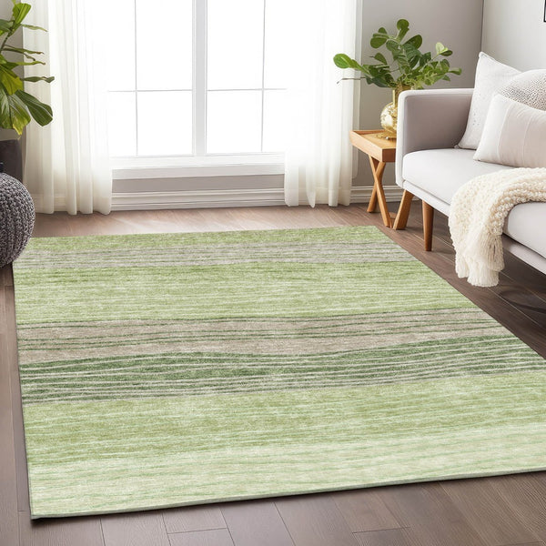 HomeRoots 10' Artichoke Green & Taupe Striped Washable Area Rug with UV Protection for Stylish Spaces 662079