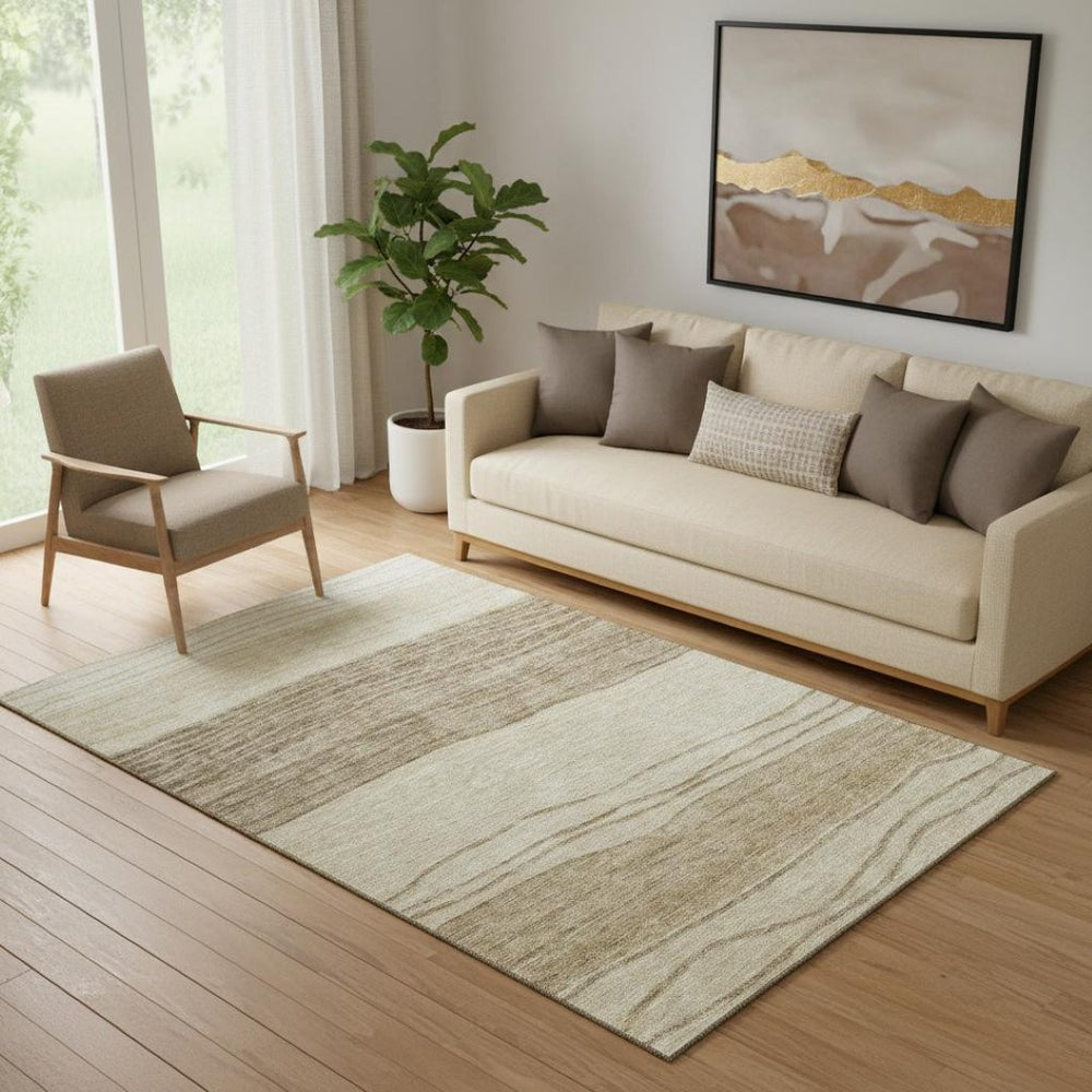 HomeRoots 5' X 8' Striped Beige and Brown Washable Area Rug with UV Protection - Durable, Stylish, Easy-Care Design 662081