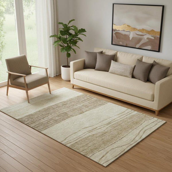 HomeRoots 5' X 8' Striped Beige and Brown Washable Area Rug with UV Protection - Durable, Stylish, Easy-Care Design 662081