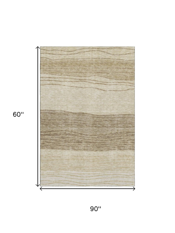 HomeRoots 5' X 8' Striped Beige and Brown Washable Area Rug with UV Protection - Durable, Stylish, Easy-Care Design 662081