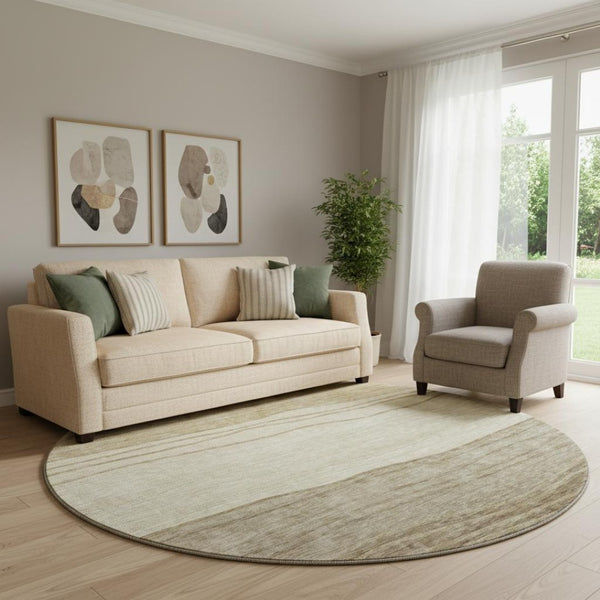 HomeRoots 8' Beige and Brown Striped Round Rug - Durable, Washable, UV Protected for Stylish Home Comfort 662082