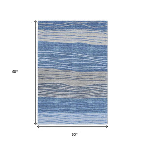 HomeRoots 5' Blue and Gray Striped Area Rug - Washable, Stain Resistant, UV Protected for Modern Homes 662087
