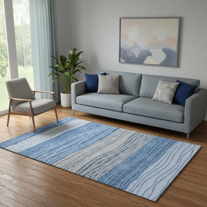 HomeRoots 5' Blue and Gray Striped Area Rug - Washable, Stain Resistant, UV Protected for Modern Homes 662087