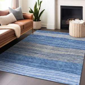 HomeRoots 5' Blue and Gray Striped Area Rug - Washable, Stain Resistant, UV Protected for Modern Homes 662087