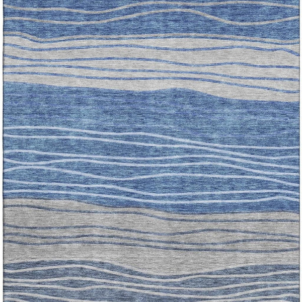 HomeRoots 5' Blue and Gray Striped Area Rug - Washable, Stain Resistant, UV Protected for Modern Homes 662087
