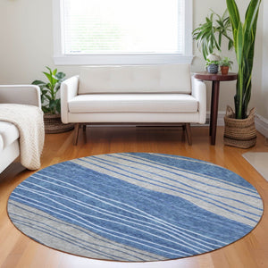 HomeRoots 8' Blue and Gray Striped Washable Round Rug - Durable, Stain Resistant, UV Protected for High-Traffic Areas 662088
