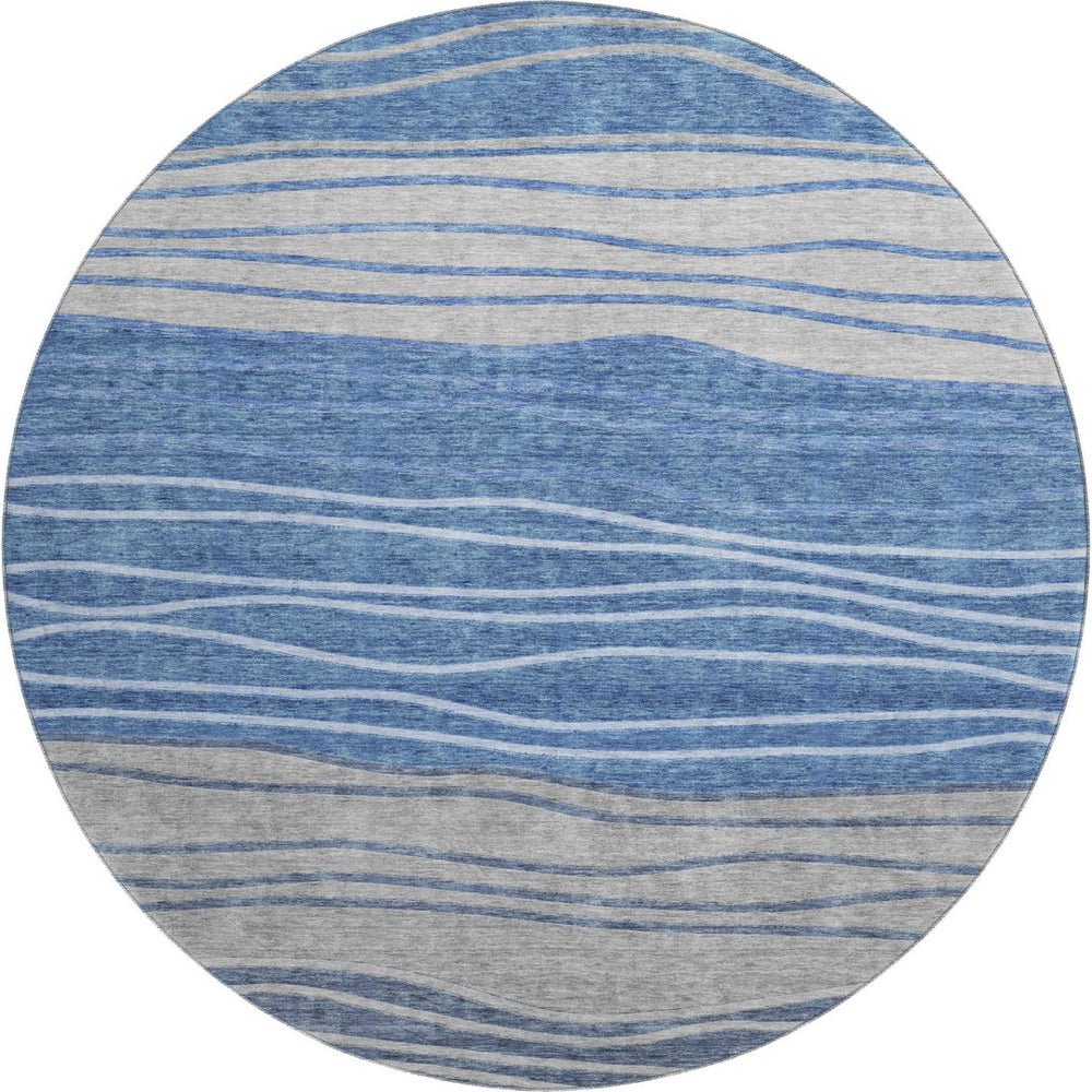 HomeRoots 8' Blue and Gray Striped Washable Round Rug - Durable, Stain Resistant, UV Protected for High-Traffic Areas 662088