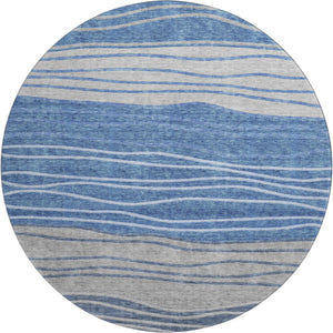 HomeRoots 8' Blue and Gray Striped Washable Round Rug - Durable, Stain Resistant, UV Protected for High-Traffic Areas 662088