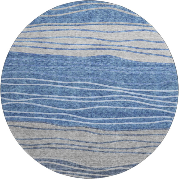 HomeRoots 8' Blue and Gray Striped Washable Round Rug - Durable, Stain Resistant, UV Protected for High-Traffic Areas 662088