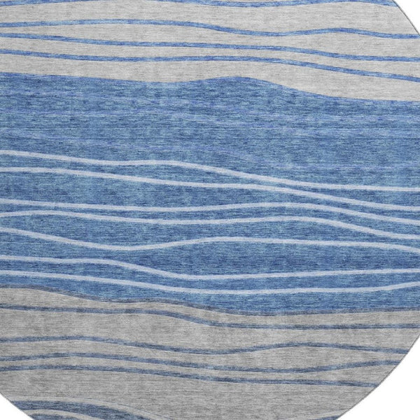 HomeRoots 8' Blue and Gray Striped Washable Round Rug - Durable, Stain Resistant, UV Protected for High-Traffic Areas 662088