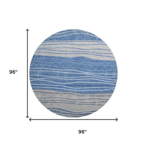 HomeRoots 8' Blue and Gray Striped Washable Round Rug - Durable, Stain Resistant, UV Protected for High-Traffic Areas 662088