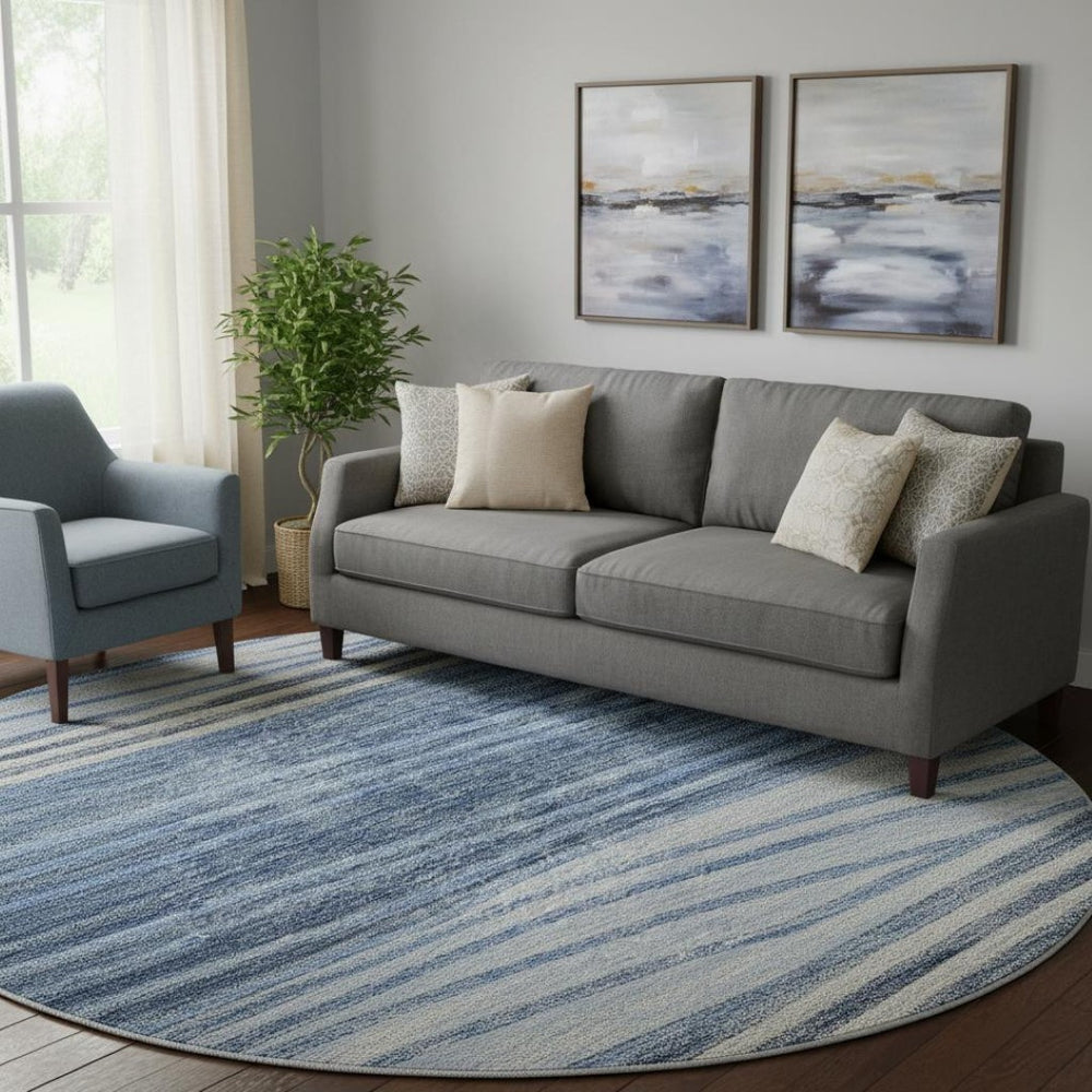HomeRoots 8' Blue and Gray Striped Washable Round Rug - Durable, Stain Resistant, UV Protected for High-Traffic Areas 662088
