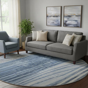 HomeRoots 8' Blue and Gray Striped Washable Round Rug - Durable, Stain Resistant, UV Protected for High-Traffic Areas 662088