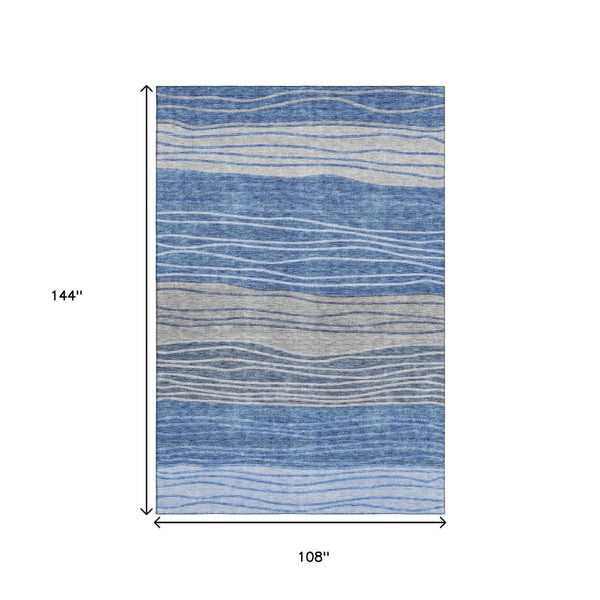 HomeRoots 9' X 12' Blue and Gray Striped Area Rug - Durable, Washable, UV-Protected for Coastal Charm 662090