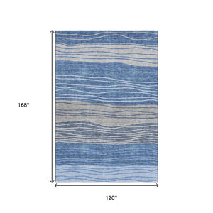 HomeRoots 10' Blue and Gray Striped Washable Area Rug - Durable, UV-Protected, Perfect for High-Traffic Rooms! 662091