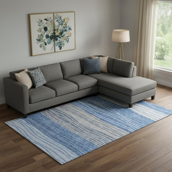 HomeRoots 10' Blue and Gray Striped Washable Area Rug - Durable, UV-Protected, Perfect for High-Traffic Rooms! 662091