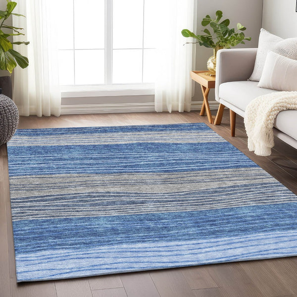 HomeRoots 10' Blue and Gray Striped Washable Area Rug - Durable, UV-Protected, Perfect for High-Traffic Rooms! 662091