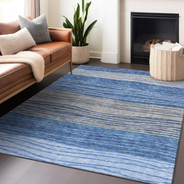 HomeRoots 10' Blue and Gray Striped Washable Area Rug - Durable, UV-Protected, Perfect for High-Traffic Rooms! 662091