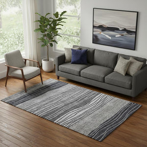 HomeRoots 5' X 8' Gray And Silver Striped Area Rug – Washable, UV Protected, Durable for Busy Homes & Kids 662093
