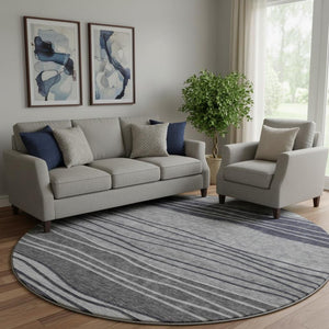 HomeRoots 8' Gray and Silver Striped Washable Round Rug - Durable, UV-Protected, Perfect for High-Traffic Areas 662094